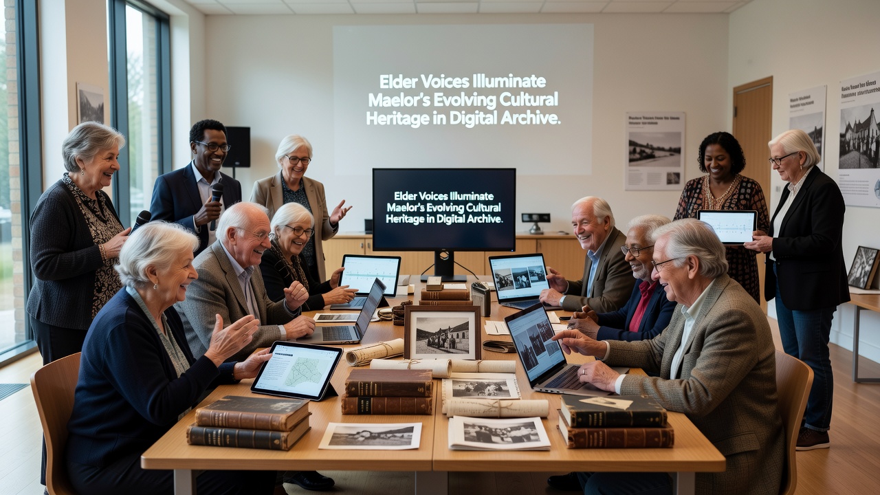 Digital interface displaying elder interview clips and related photographs from the Maelor heritage archive